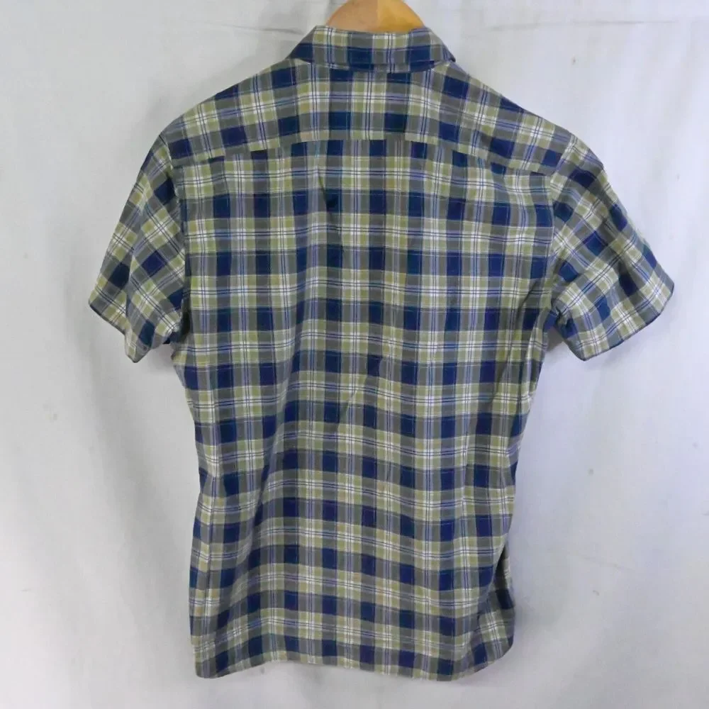 Banana Republic Small Blue Green Plaid‎ Camden Fit S/S Button Front Mens Shirt